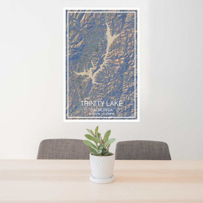 24x36 Trinity Lake California Map Print Portrait Orientation in Afternoon Style Behind 2 Chairs Table and Potted Plant