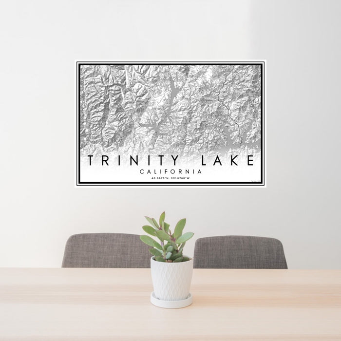 24x36 Trinity Lake California Map Print Landscape Orientation in Classic Style Behind 2 Chairs Table and Potted Plant