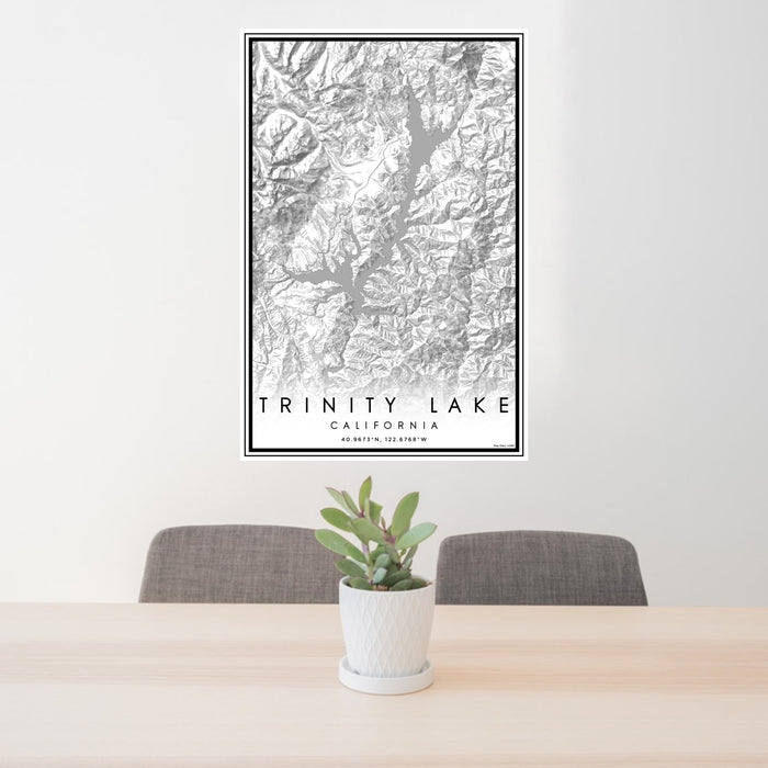 24x36 Trinity Lake California Map Print Portrait Orientation in Classic Style Behind 2 Chairs Table and Potted Plant