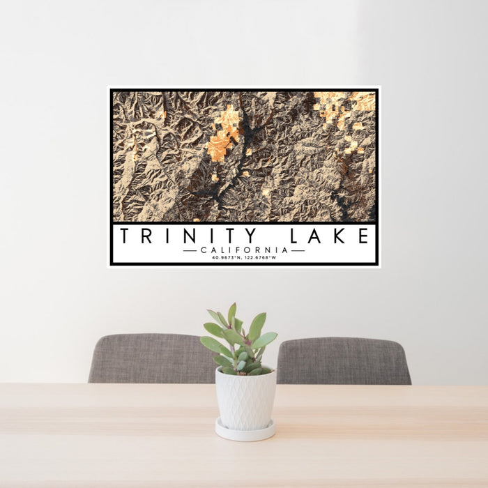 24x36 Trinity Lake California Map Print Landscape Orientation in Ember Style Behind 2 Chairs Table and Potted Plant