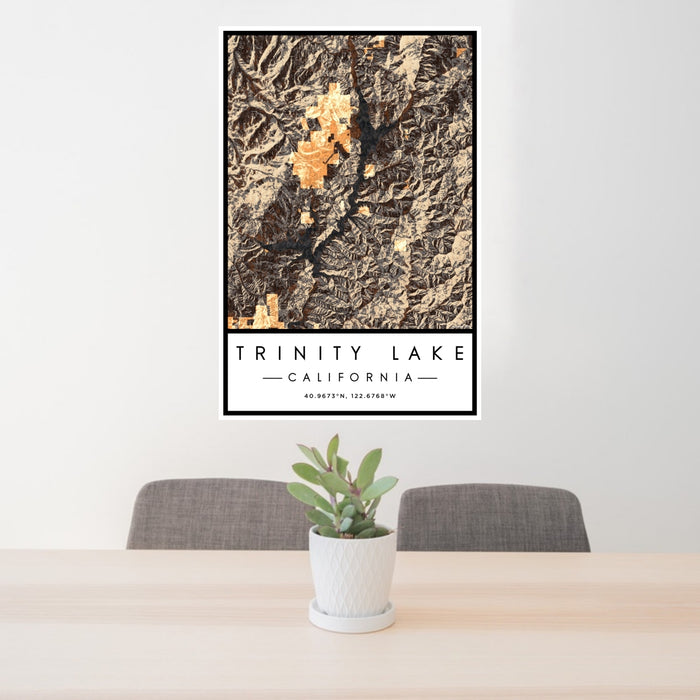 24x36 Trinity Lake California Map Print Portrait Orientation in Ember Style Behind 2 Chairs Table and Potted Plant