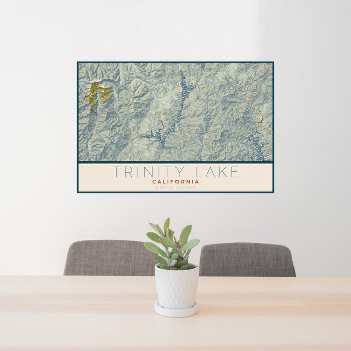 24x36 Trinity Lake California Map Print Landscape Orientation in Woodblock Style Behind 2 Chairs Table and Potted Plant