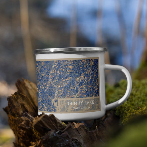 Right View Custom Trinity Lake California Map Enamel Mug in Afternoon on Grass With Trees in Background