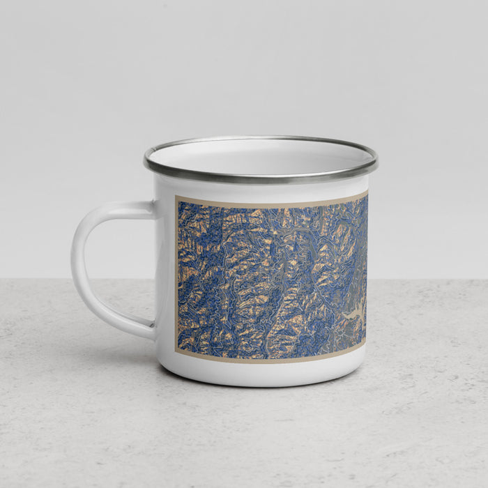 Left View Custom Trinity Lake California Map Enamel Mug in Afternoon