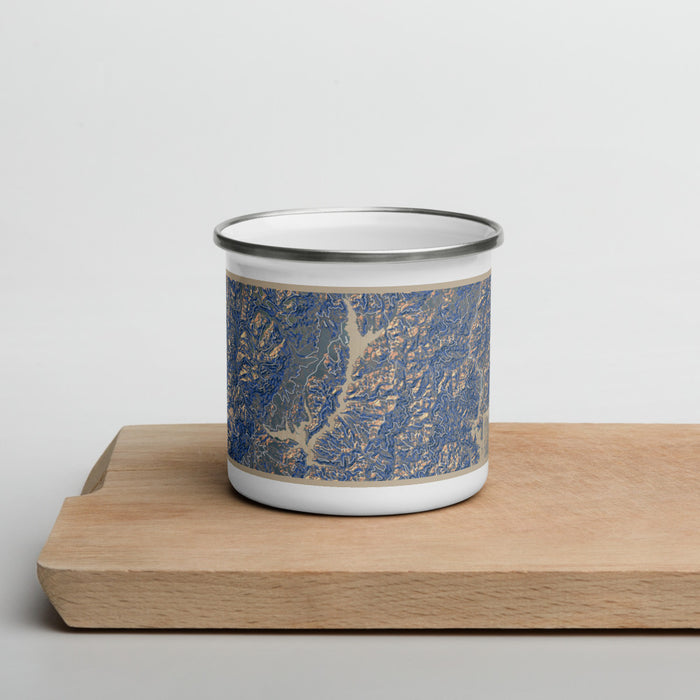 Front View Custom Trinity Lake California Map Enamel Mug in Afternoon on Cutting Board