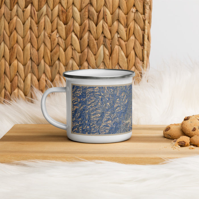 Left View Custom Trinity Lake California Map Enamel Mug in Afternoon on Table Top
