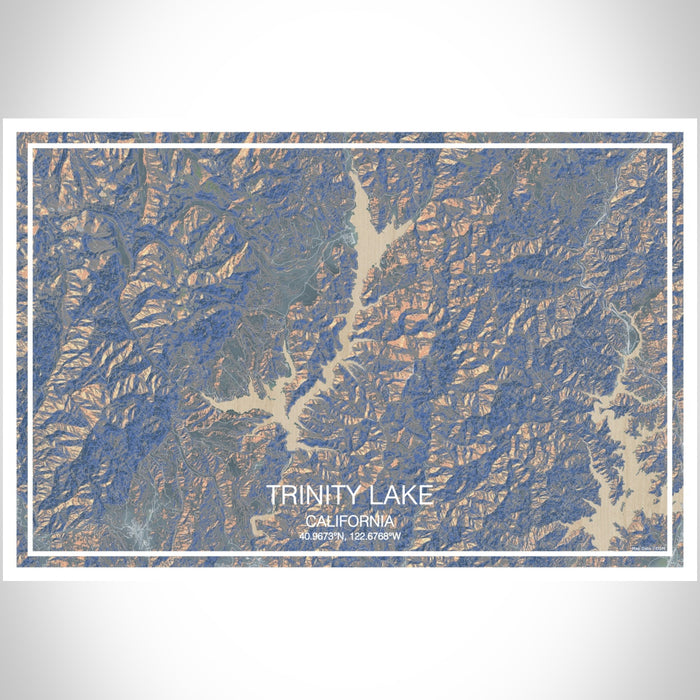 Trinity Lake California Map Print Landscape Orientation in Afternoon Style With Shaded Background