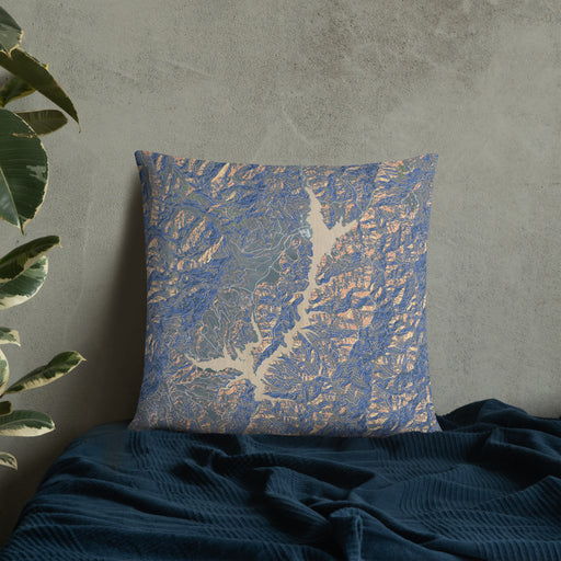 Custom Trinity Lake California Map Throw Pillow in Afternoon on Bedding Against Wall