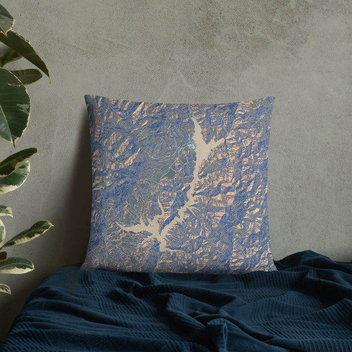 Custom Trinity Lake California Map Throw Pillow in Afternoon on Bedding Against Wall
