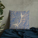 Custom Trinity Lake California Map Throw Pillow in Afternoon on Bedding Against Wall