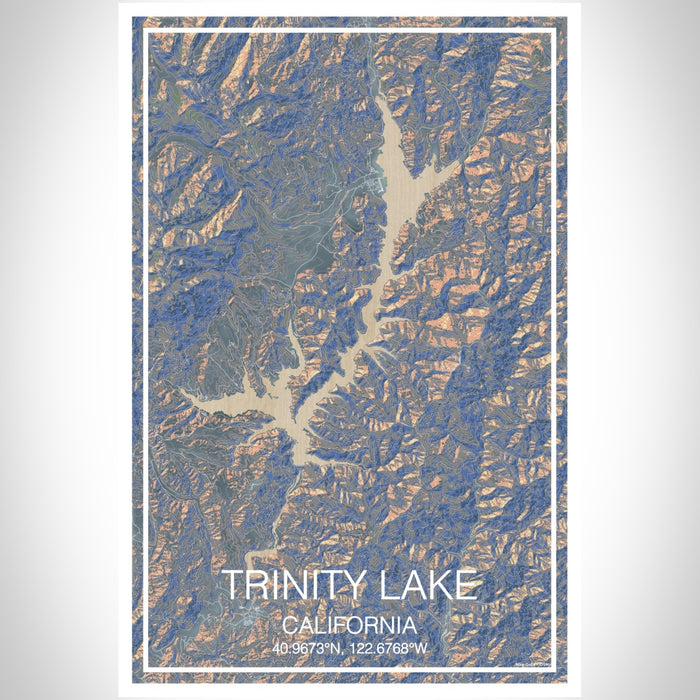 Trinity Lake California Map Print Portrait Orientation in Afternoon Style With Shaded Background