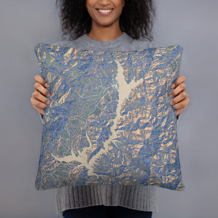 Person holding 18x18 Custom Trinity Lake California Map Throw Pillow in Afternoon