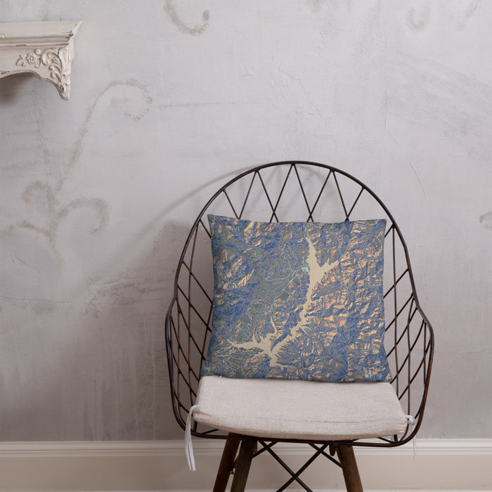 Custom Trinity Lake California Map Throw Pillow in Afternoon on Cream Colored Couch