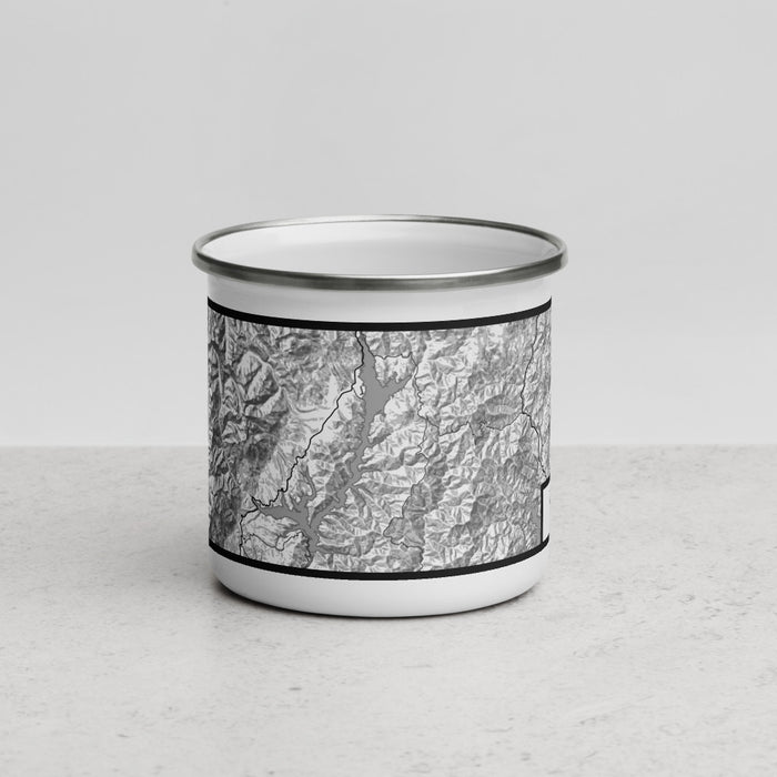 Front View Custom Trinity Lake California Map Enamel Mug in Classic