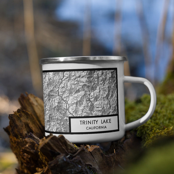 Right View Custom Trinity Lake California Map Enamel Mug in Classic on Grass With Trees in Background