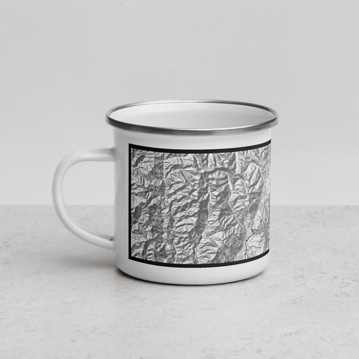 Left View Custom Trinity Lake California Map Enamel Mug in Classic