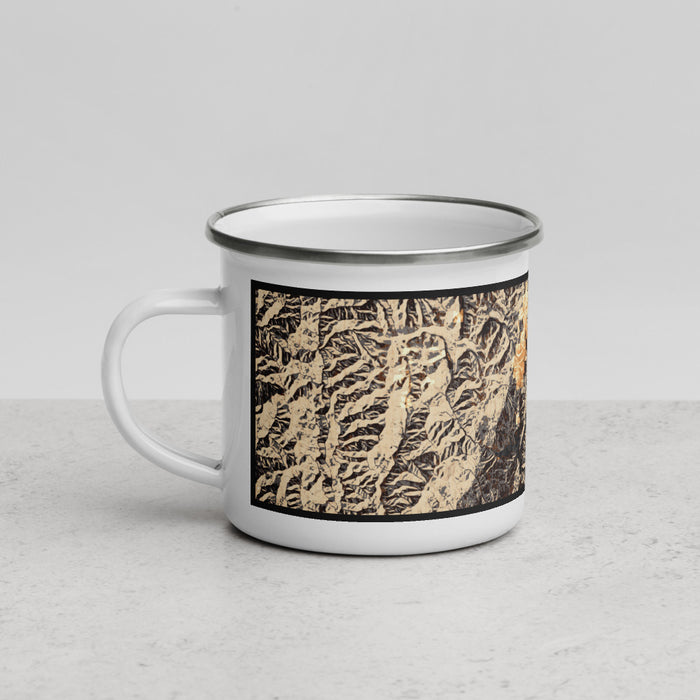 Left View Custom Trinity Lake California Map Enamel Mug in Ember
