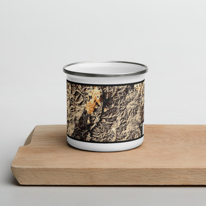 Front View Custom Trinity Lake California Map Enamel Mug in Ember on Cutting Board