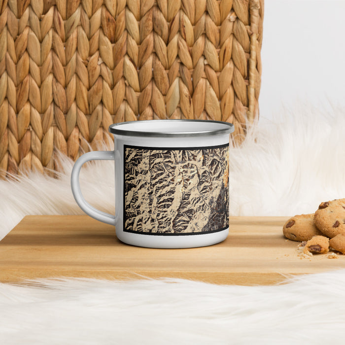 Left View Custom Trinity Lake California Map Enamel Mug in Ember on Table Top