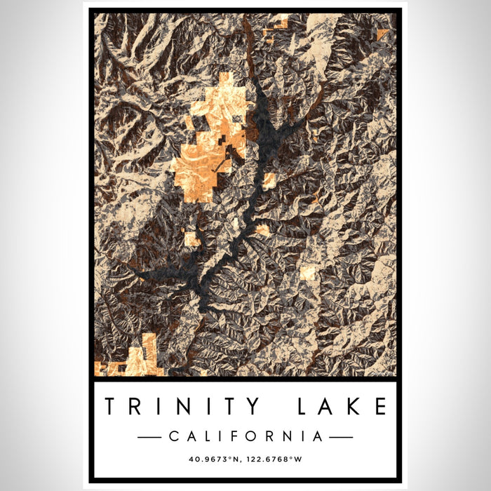 Trinity Lake California Map Print Portrait Orientation in Ember Style With Shaded Background
