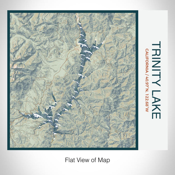 Rendered View of Trinity Lake California Map on 17oz Stainless Steel Insulated Tumbler in Woodblock Map Style