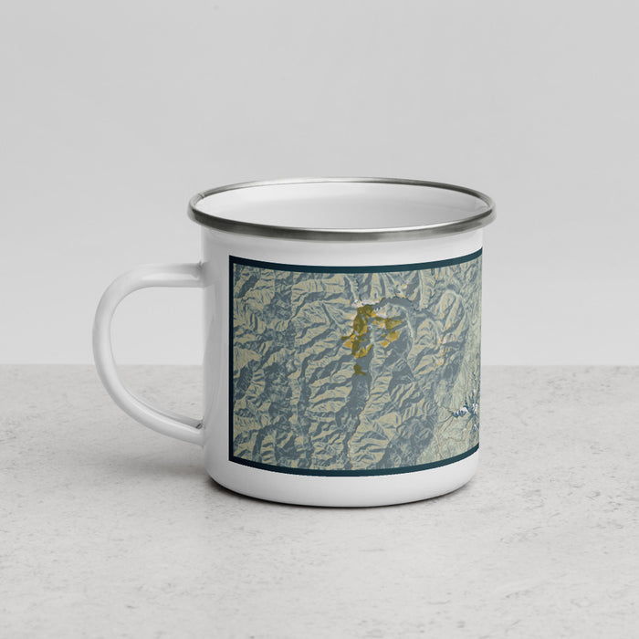 Left View Custom Trinity Lake California Map Enamel Mug in Woodblock