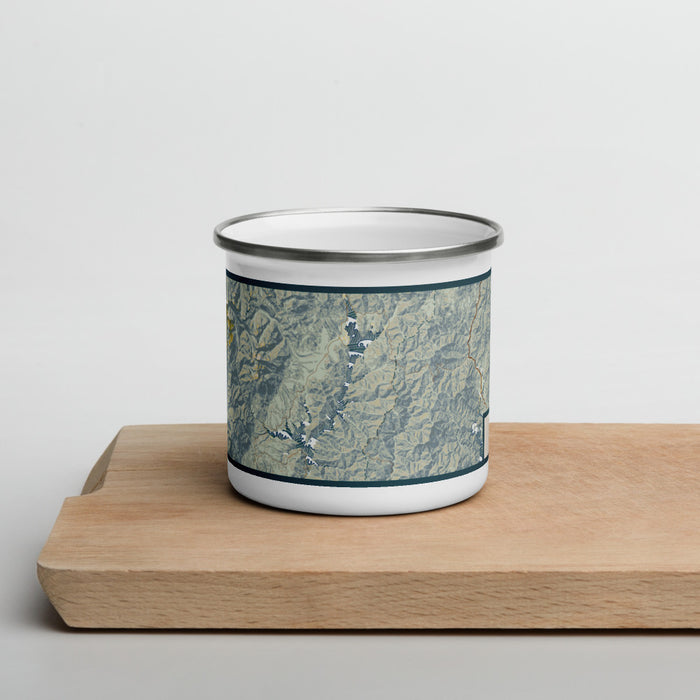 Front View Custom Trinity Lake California Map Enamel Mug in Woodblock on Cutting Board