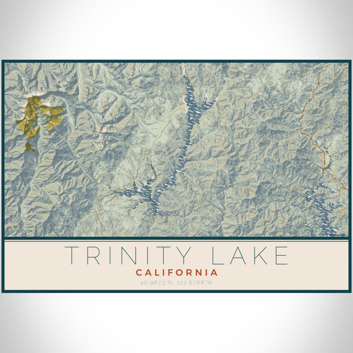 Trinity Lake California Map Print Landscape Orientation in Woodblock Style With Shaded Background