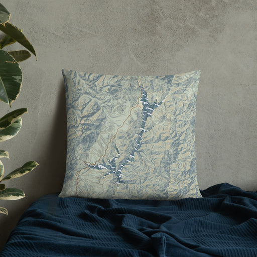 Custom Trinity Lake California Map Throw Pillow in Woodblock on Bedding Against Wall