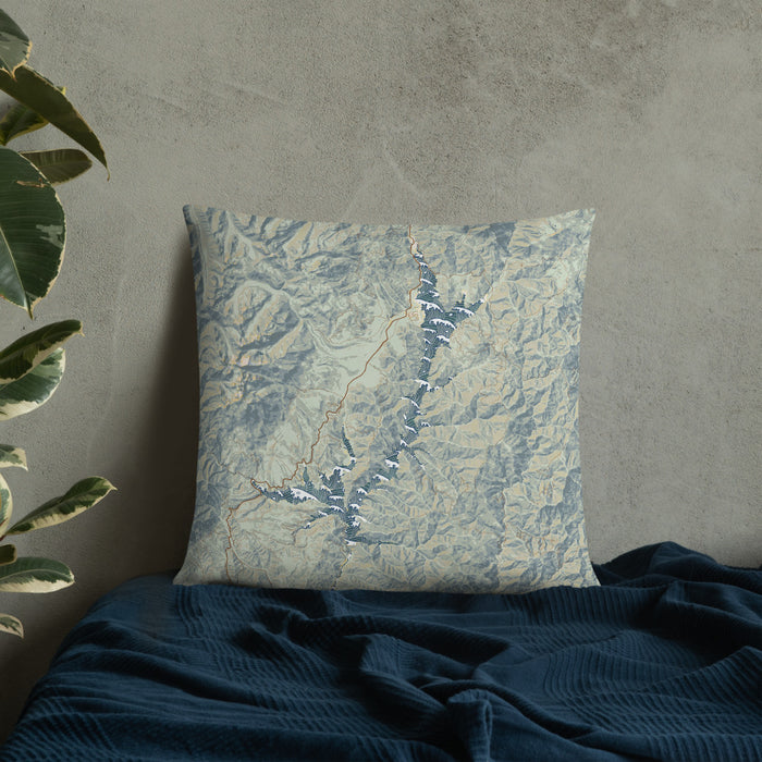 Custom Trinity Lake California Map Throw Pillow in Woodblock on Bedding Against Wall