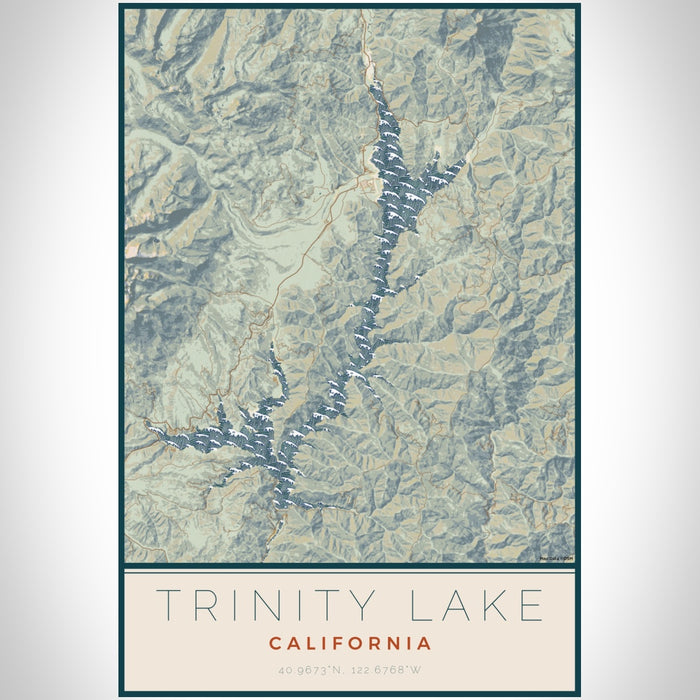 Trinity Lake California Map Print Portrait Orientation in Woodblock Style With Shaded Background