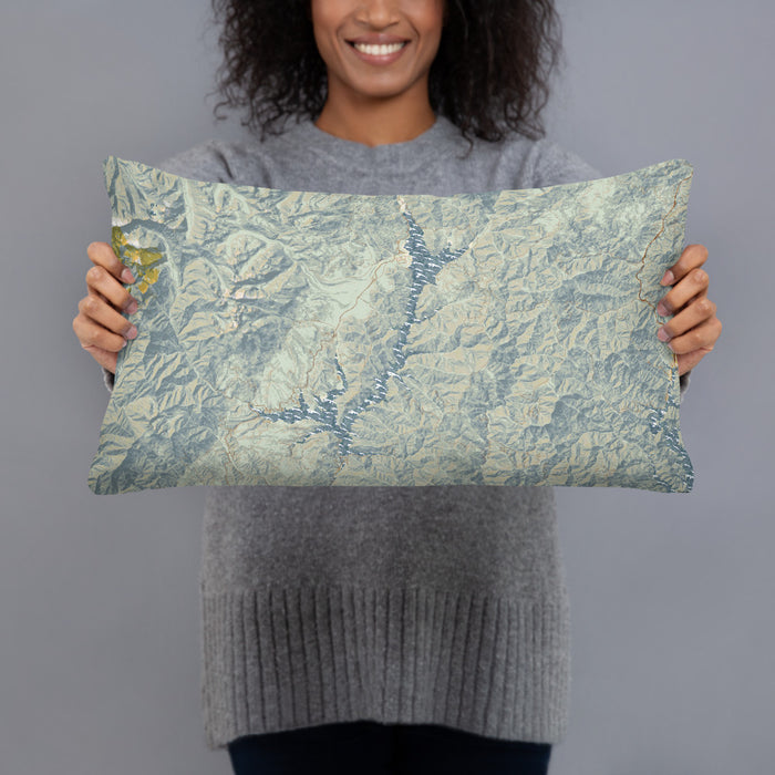 Person holding 20x12 Custom Trinity Lake California Map Throw Pillow in Woodblock