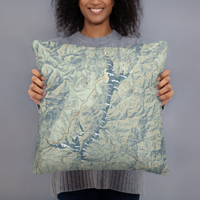 Person holding 18x18 Custom Trinity Lake California Map Throw Pillow in Woodblock