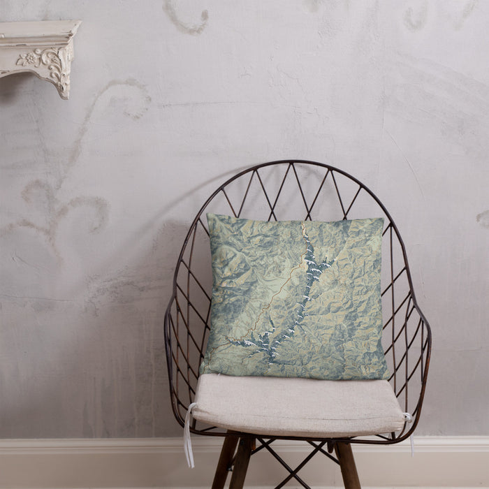Custom Trinity Lake California Map Throw Pillow in Woodblock on Cream Colored Couch