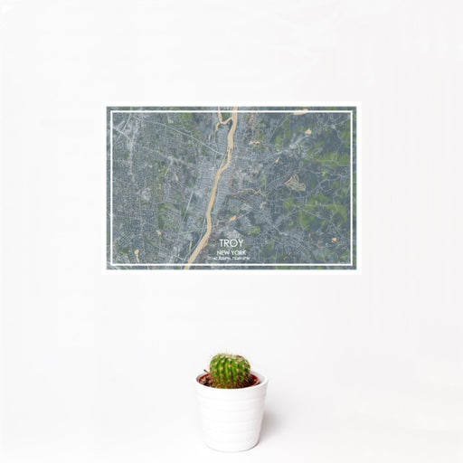 12x18 Troy New York Map Print Landscape Orientation in Afternoon Style With Small Cactus Plant in White Planter