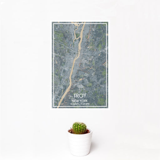 12x18 Troy New York Map Print Portrait Orientation in Afternoon Style With Small Cactus Plant in White Planter