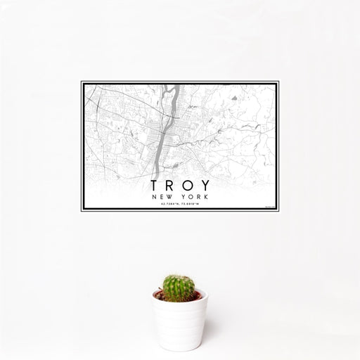 12x18 Troy New York Map Print Landscape Orientation in Classic Style With Small Cactus Plant in White Planter