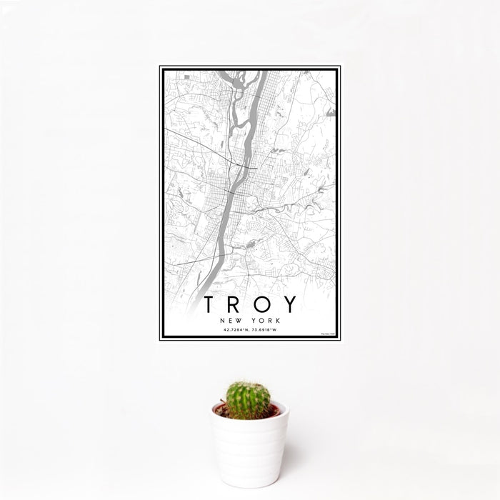 12x18 Troy New York Map Print Portrait Orientation in Classic Style With Small Cactus Plant in White Planter