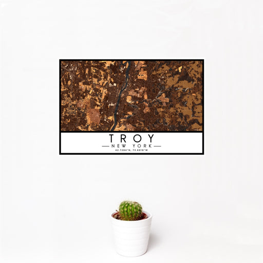 12x18 Troy New York Map Print Landscape Orientation in Ember Style With Small Cactus Plant in White Planter