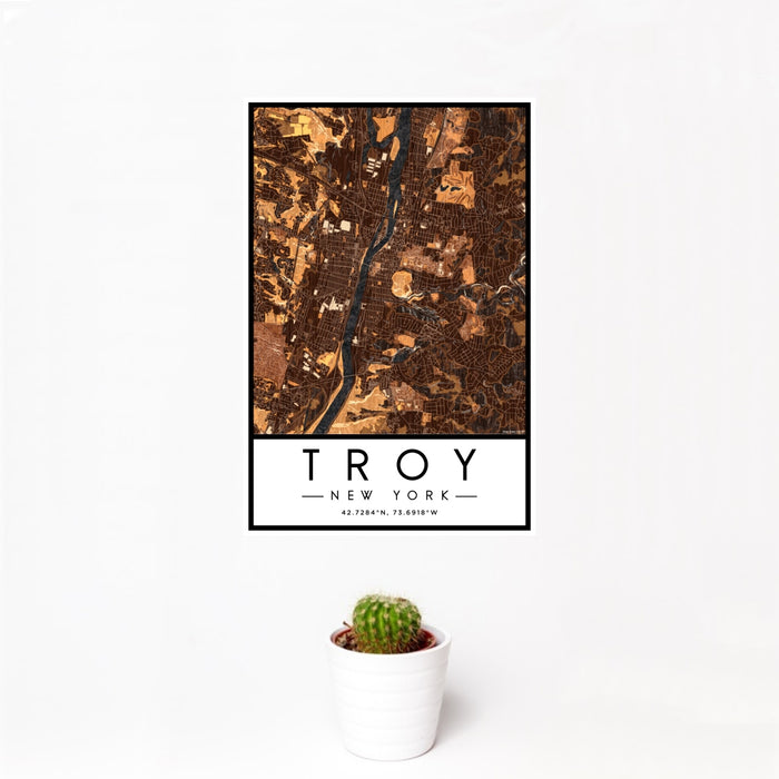 12x18 Troy New York Map Print Portrait Orientation in Ember Style With Small Cactus Plant in White Planter