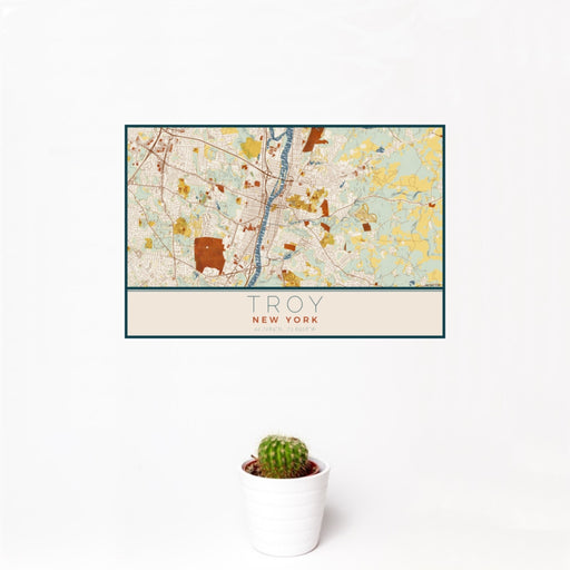 12x18 Troy New York Map Print Landscape Orientation in Woodblock Style With Small Cactus Plant in White Planter