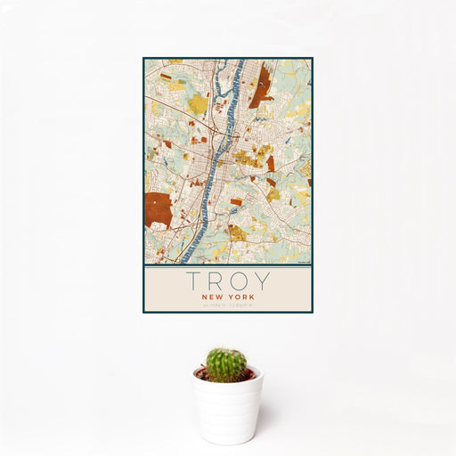 12x18 Troy New York Map Print Portrait Orientation in Woodblock Style With Small Cactus Plant in White Planter