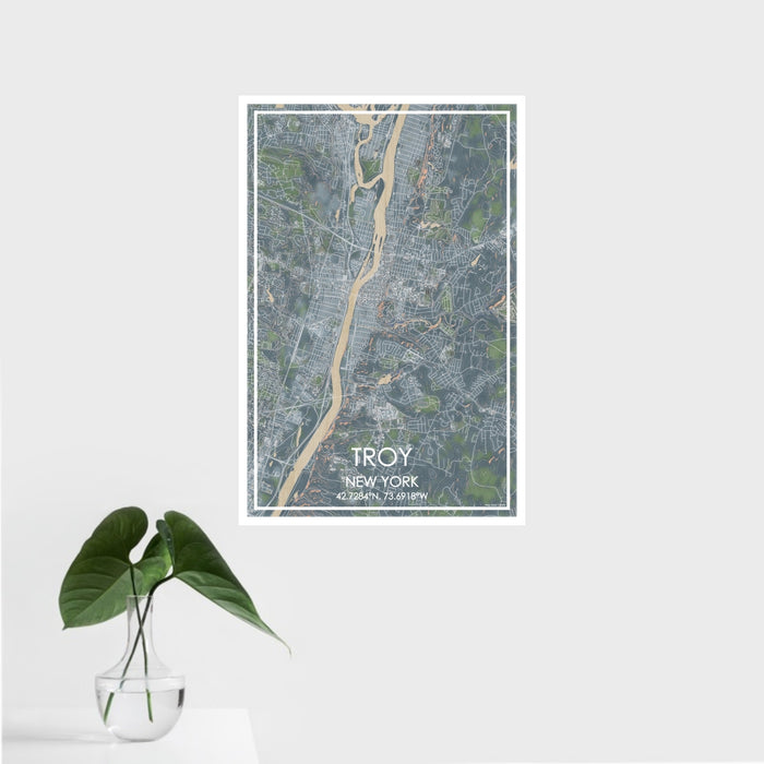 16x24 Troy New York Map Print Portrait Orientation in Afternoon Style With Tropical Plant Leaves in Water