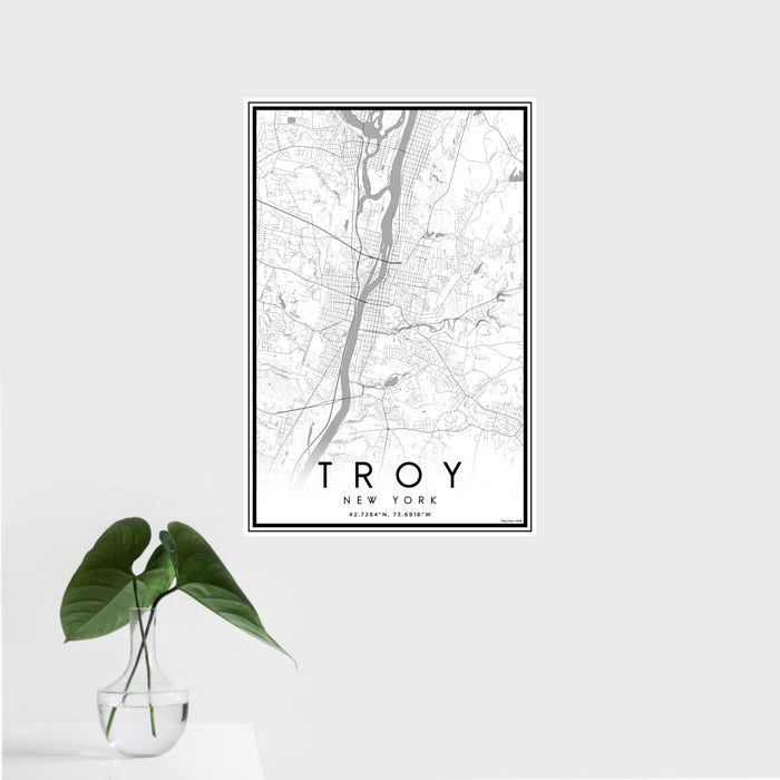 16x24 Troy New York Map Print Portrait Orientation in Classic Style With Tropical Plant Leaves in Water