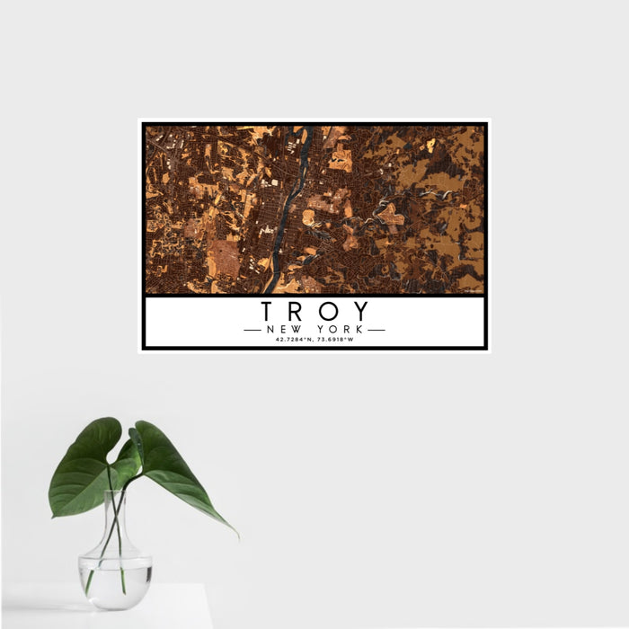 16x24 Troy New York Map Print Landscape Orientation in Ember Style With Tropical Plant Leaves in Water