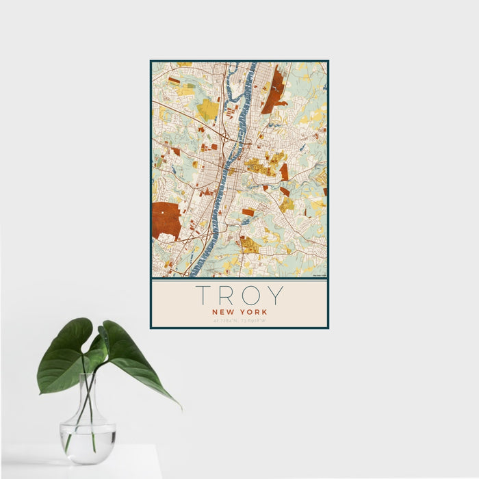 16x24 Troy New York Map Print Portrait Orientation in Woodblock Style With Tropical Plant Leaves in Water