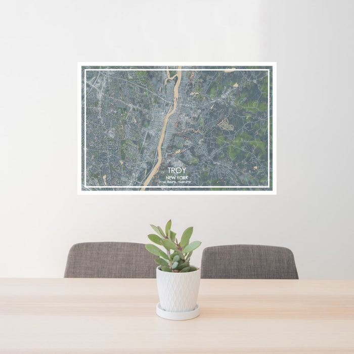 24x36 Troy New York Map Print Lanscape Orientation in Afternoon Style Behind 2 Chairs Table and Potted Plant