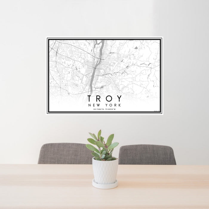 24x36 Troy New York Map Print Lanscape Orientation in Classic Style Behind 2 Chairs Table and Potted Plant