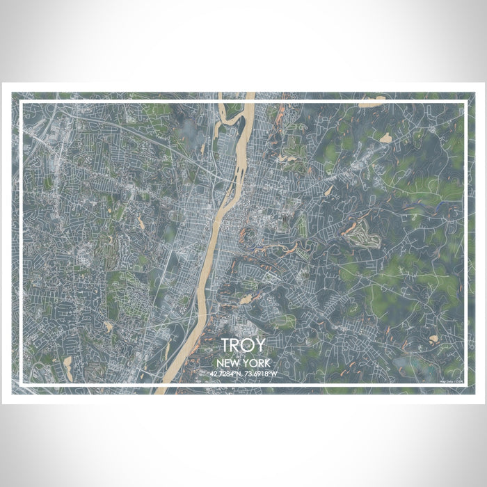 Troy New York Map Print Landscape Orientation in Afternoon Style With Shaded Background