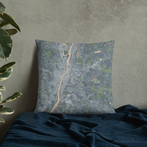 Custom Troy New York Map Throw Pillow in Afternoon on Bedding Against Wall
